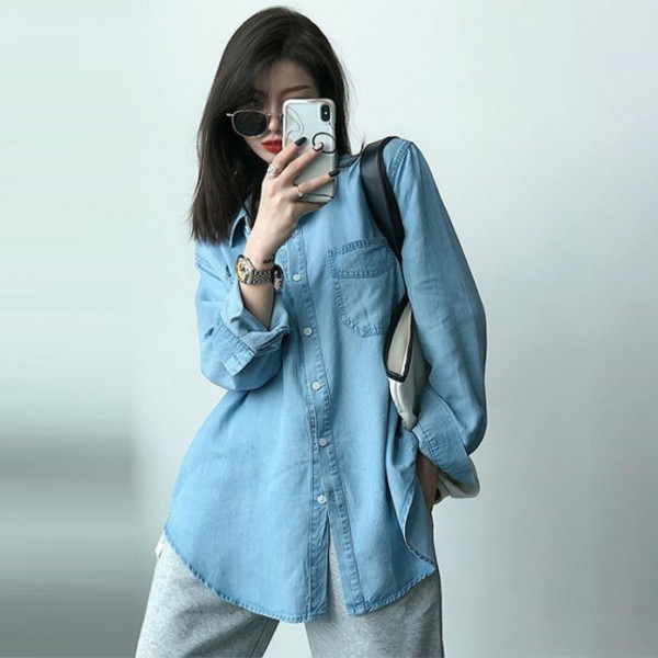 Women Fashion Casual Loose Long Sleeve Denim Shirt...