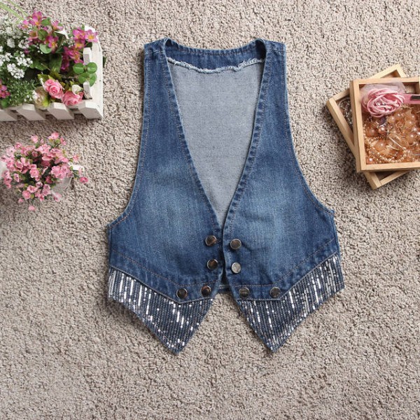 Women Fashion Casual Sequin Sleeveless Denim Vest ...