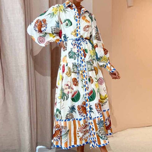 Women Fashion Casual Fruit Floral Graphic Printed Lapel Long Sleeve Dress