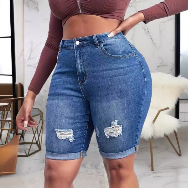 Plus Size Women High-Elastic Ripped Denim Shorts