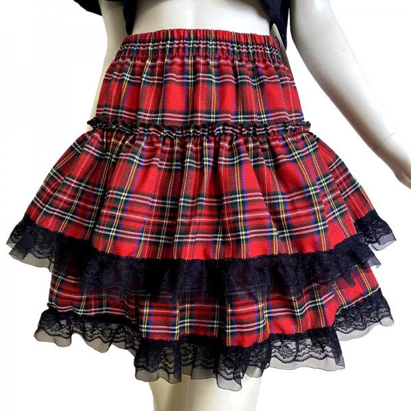 Gothic Women' Fashion Plaid Print Lace Stitching High Waist Skirt