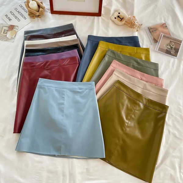 Women Fashion Solid Color PU Skirt