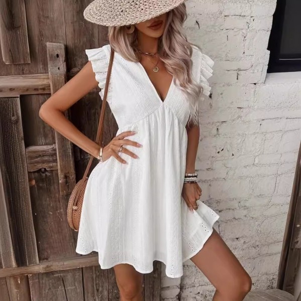 Bohemian Women Casual White V-Neck Cotton Ruffled ...