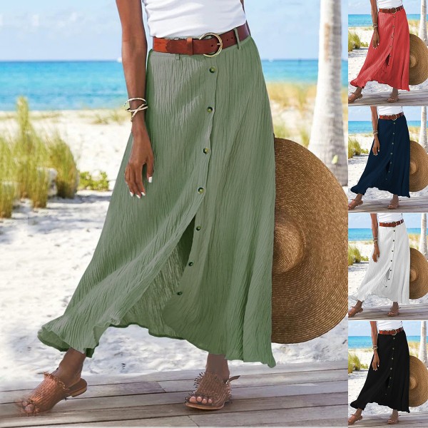 Summer Women Casual Button Decorative Cotton And Linen Split Skirt