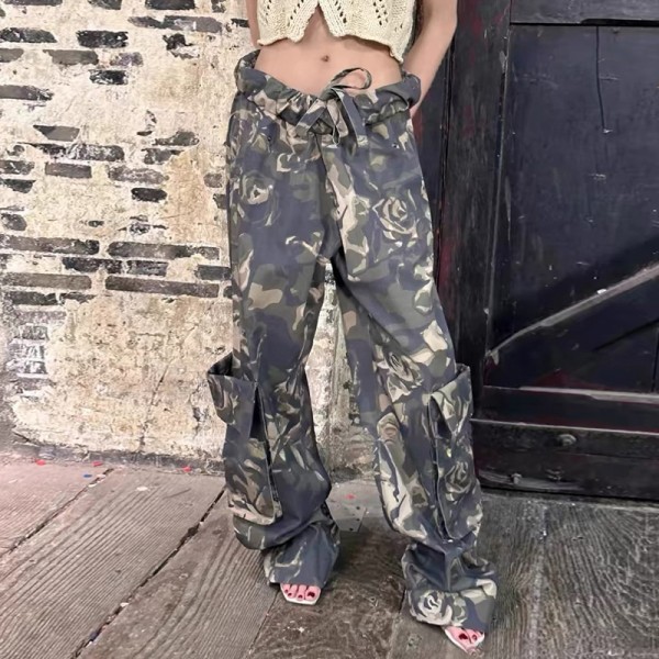 Women Fashion Casual Camouflage Printed Low Waist Curl Drawstring Three-Dimensional Pocket Cargo Pants