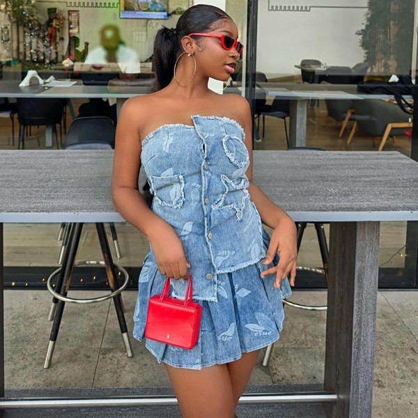 Women Sexy Irregular Strapless Top And Denim Pleat...