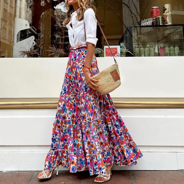 Women Boho Summer Floral Printed Ruffle Large Swing Skirt