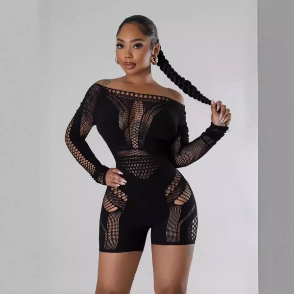 Summer Women Fashion Sexy Off Shoulder Long Sleeve Cutout See-Through Tight Rompers