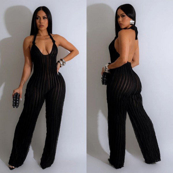 Summer Women Sexy Solid Color Halter Neck Backless Deep V Creased Jumpsuits