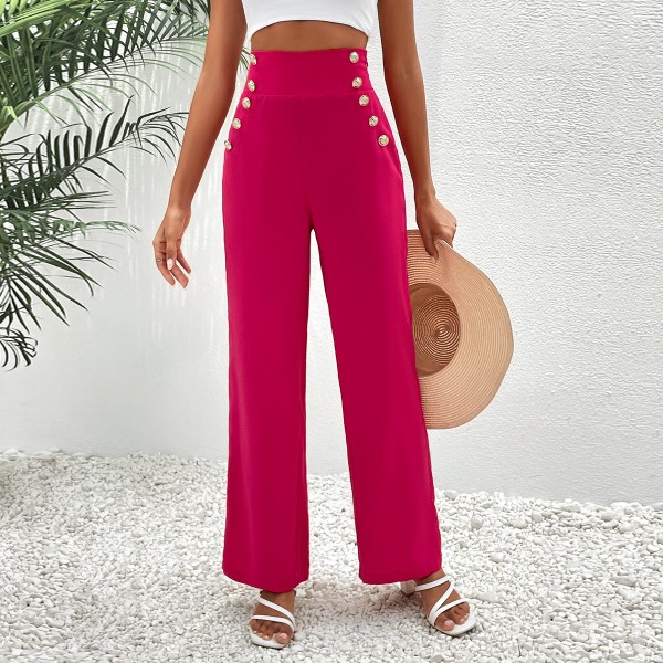 Women Casual Loose Solid Color Button Decorative High Waist Straight Wide Leg Pants